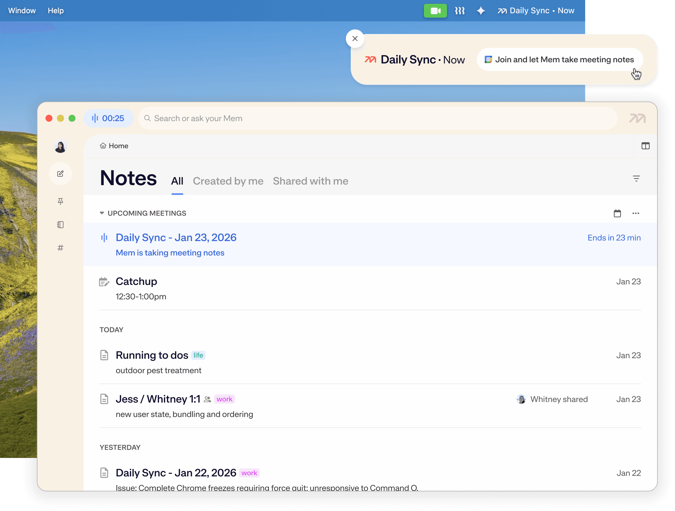 Mem content and note preview.